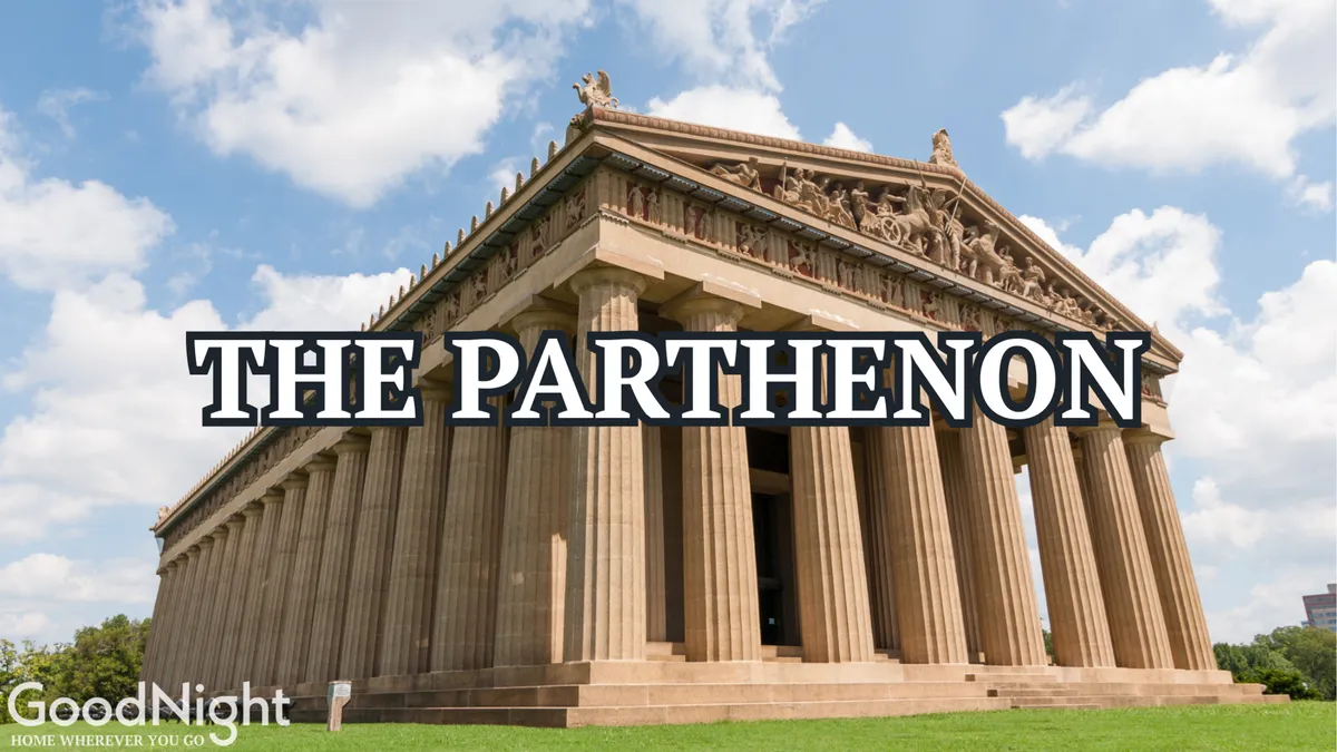 A close-up of The Parthenon’s grand columns and detailed sculptures, emphasizing the unique architectural and cultural experience available in Nashville. Visitors are seen taking photos and exploring the historical site, reinforcing its appeal as a family destination.