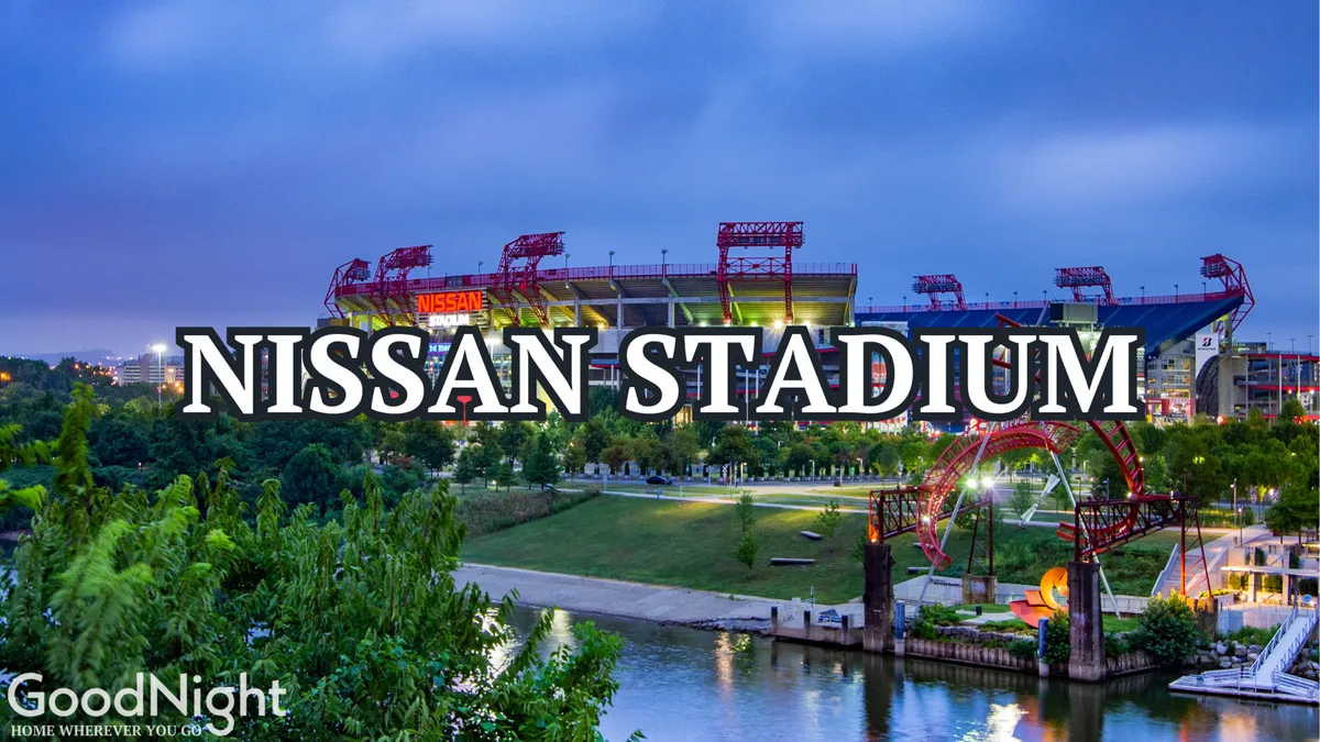 This exterior image features Nissan Stadium with a sweeping river view, surrounding greenery, and a striking bridge. The skyline is visible in the distance, evoking a sense of urban excitement and opportunity for memorable nights out.
