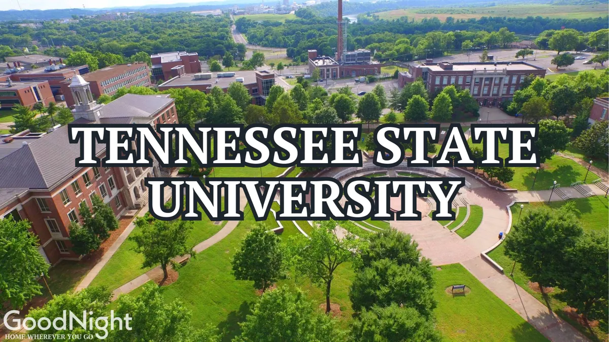 A wide view of green lawns, trees, and classic campus buildings, with people walking, studying outdoors, and socializing along paths. The image exudes energy and collegiate charm, hinting at convenient access to Vanderbilt University.