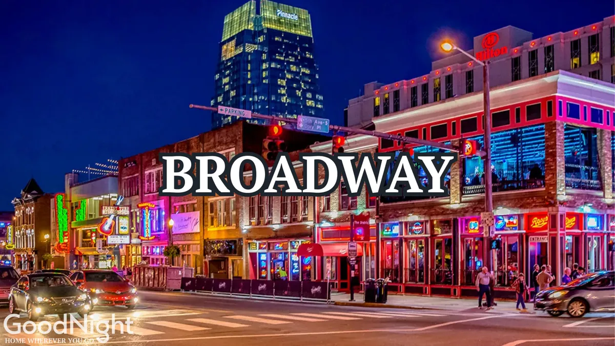 A bustling Nashville street scene at night, featuring colorful neon signs, a high-rise building, and crowds of people enjoying the vibrant nightlife. The atmosphere captures the city's energy with visible hints of restaurants, bars, and live entertainment venues.