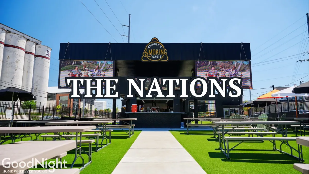 This exterior image shows an outdoor seating area with a food service counter, large digital screens, and a lively, vibrant mood. While not a private rooftop, the atmosphere of al fresco dining, socializing, and festive gatherings mirrors the experience of hosting friends in a fun, open setting.